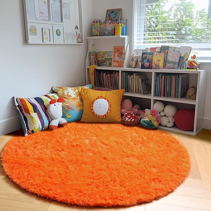 Amdrebio Orange Circle Round Rug 6Ft for Living Room Bedroom, Fluffy Furry Shag Area Rugs for Kids Room Decor Aesthetic, Cute Fuzzy Plush Shaggy Carpet for Baby Nursery Dorm Playroom, Teen Girls Boys