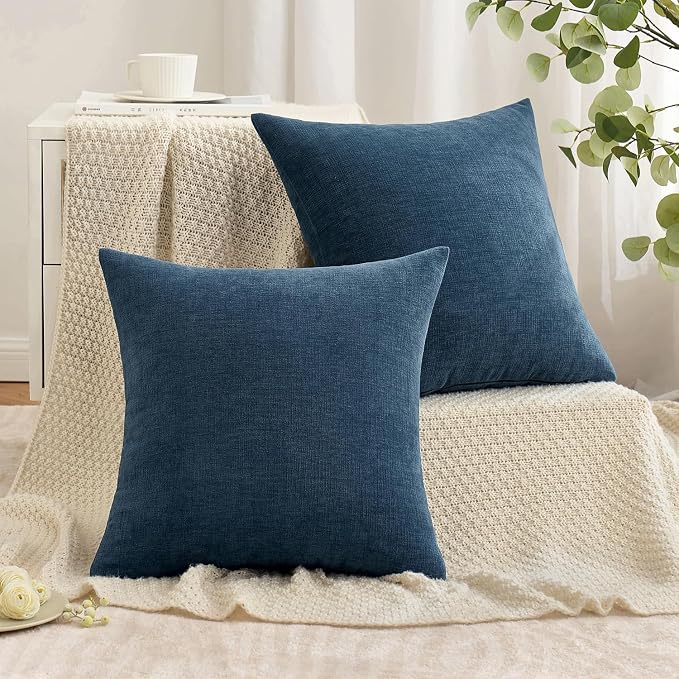 MIULEE Dark Blue Chenille Couch Throw Pillow Covers, 18x18 | Set of 2, Soft Coastal Home Decor, Modern Farmhouse Decorative Pillowcases for Sofa Living Room Bed