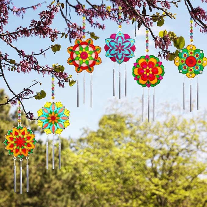 Ayhuhra 30 Sets Mandala Suncatchers Wind Chimes Craft Kits DIY Window Art Suncatcher Mandala Flower Craft Art Kit for Spring Summer Party Activities Art Project Party Favors