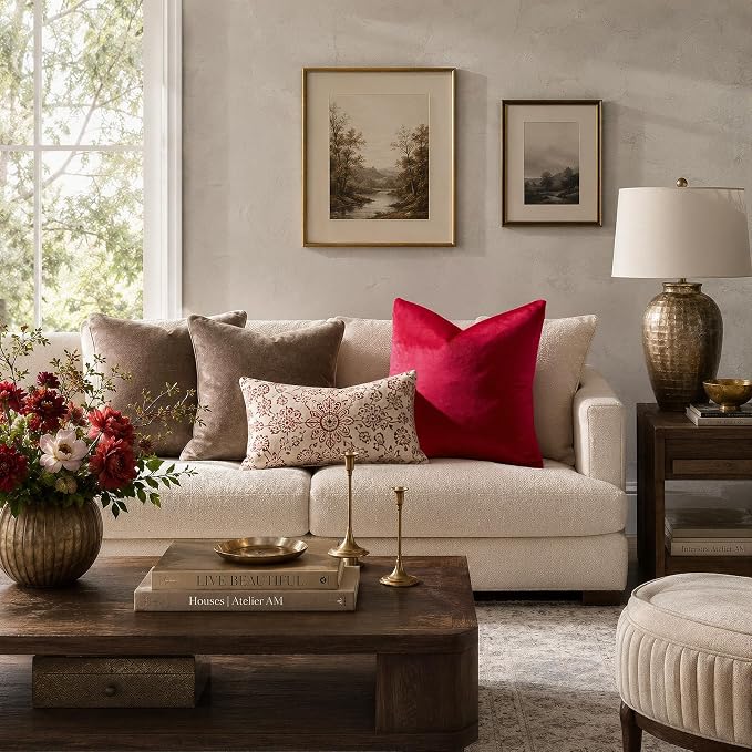 GIGIZAZA Red Velvet Pillow Covers 24x24 Decorative Pillows Pack of 2 | Throw Pillows for Couch Sofa,280gsm Soft Textured Fabric,Modern Square Pillowcases,Luxury Cushion Covers