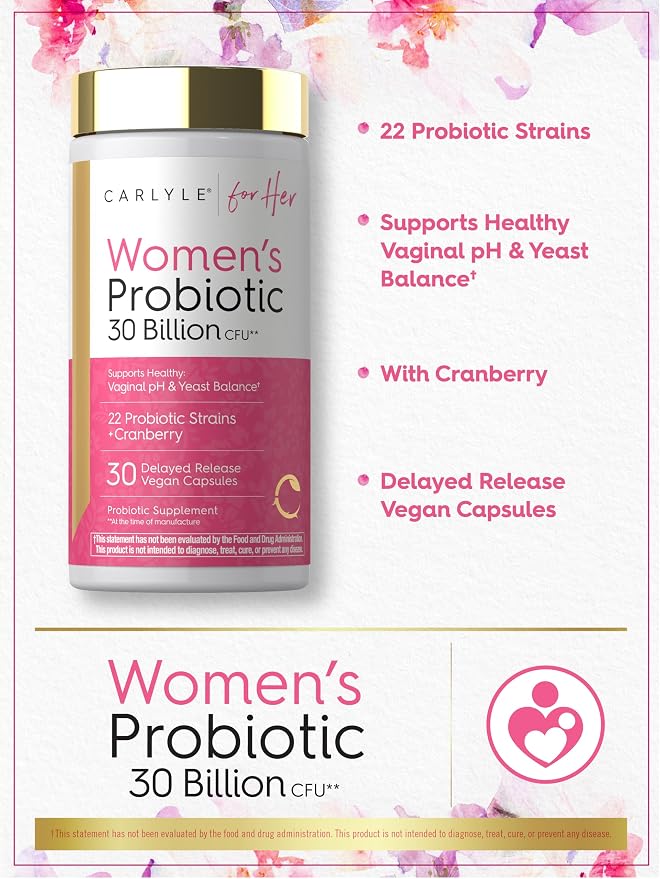 Carlyle Women's 30 Billion CFU Probiotic | 22 Strains plus Cranberry for Healthy Vaginal ph and Yeast Balance | 30 Capsules | Vegan, Non-GMO and Gluten Free | For Her
