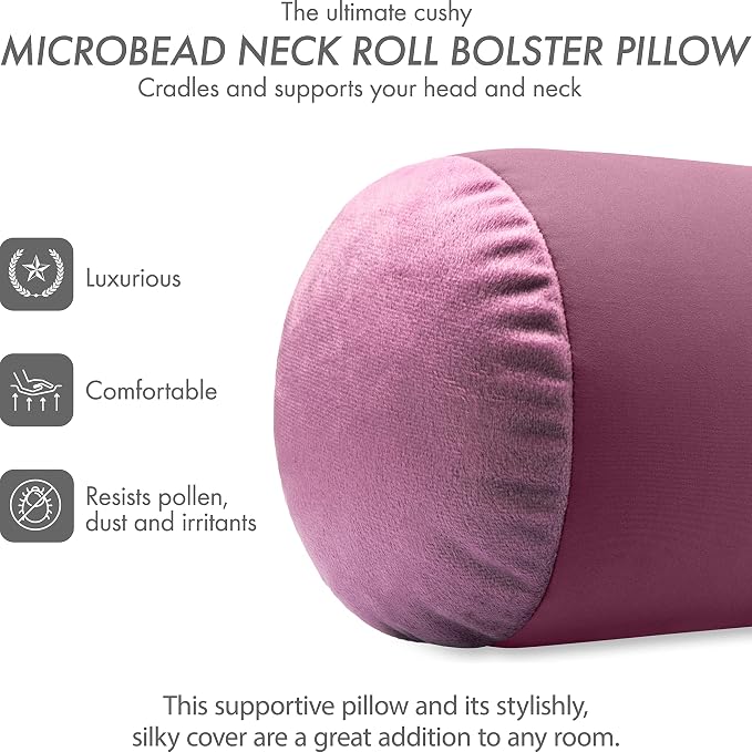 Microbead Bolster Neck Roll Pillow, Gently Body, Head, Neck & Shoulders No Pain Rest, Relax Sleep - Silky Feel Prevent Wrinkles & Hair Breakage - Lightweight Cylinder Tube, 14" x 8", Burgundy/Merlot