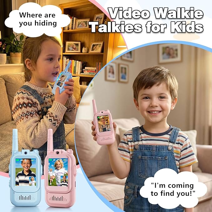 Kids Video Walkie Talkies, Pair of 2 with 300M Range, Portable Handheld Video Call Toy for Ages 3-12, for Christmas, Birthday, Outdoor Camping（Blue+Pink）