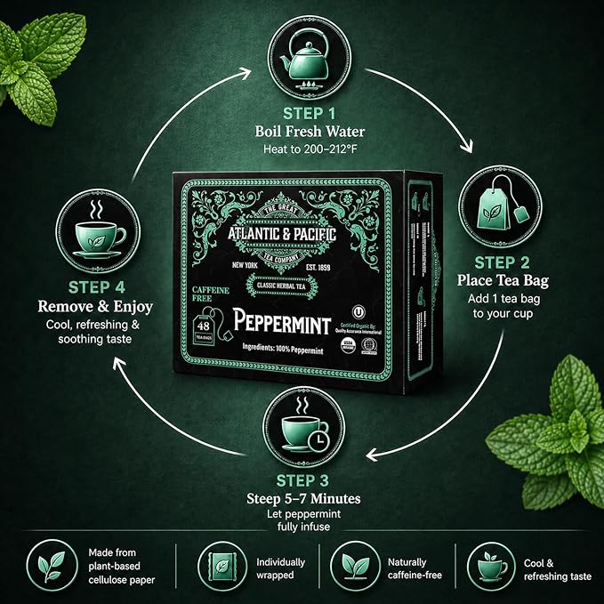 A&P Coffee Peppermint Tea Bags, 48 Count, Refreshing Mint Herbal Tea, Naturally Caffeine Free, Hot or Iced Tea, Premium Organic Tea Bags, Fresh Aroma, Smooth Taste