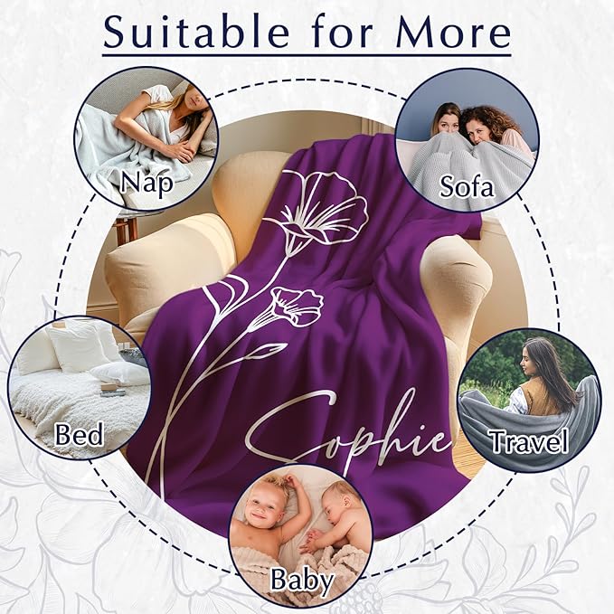Custom Blanket Gifts for Mom, Personalized Name Blanket with Text Birth Month Flower, Personalized Gifts for Mom Grandma Women, Personalized Throw Blanket for Adults