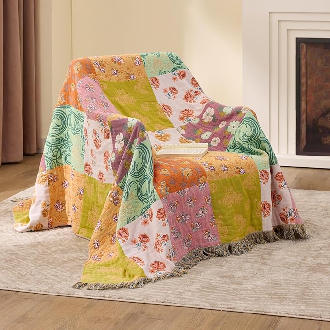 RILIHO 100% Cotton Boho Throw Blanket for Home Decor – Classic Farmhouse Quilt Bedding, Muslin Blankets for Adults, Vintage Woven Decorative Blanket for Couch, Bed Layering Use, Patchwork, 90"x90"