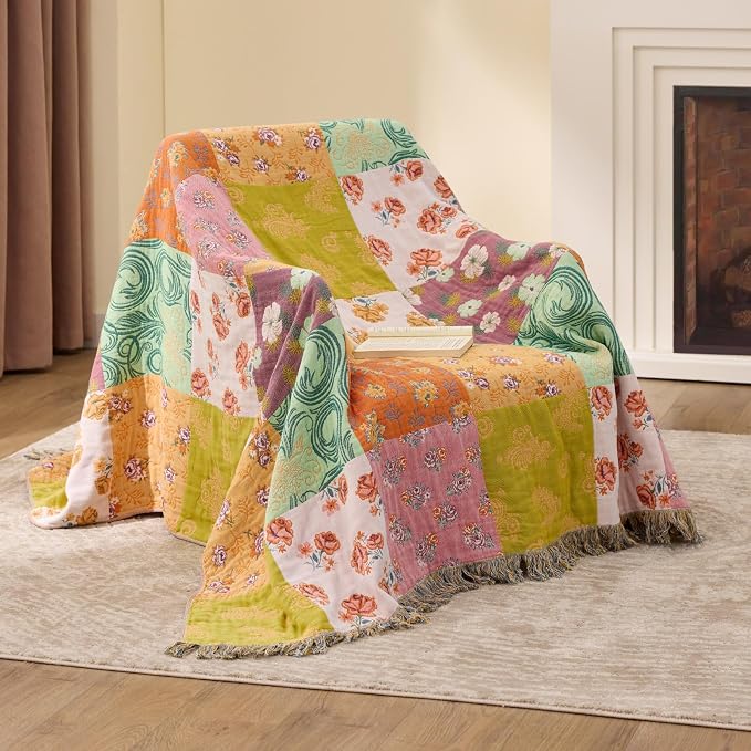 RILIHO 100% Cotton Boho Throw Blanket for Home Decor – Classic Farmhouse Quilt Bedding, Muslin Blankets for Adults, Vintage Woven Decorative Blanket for Couch, Bed Layering Use, Patchwork, 50"x60"