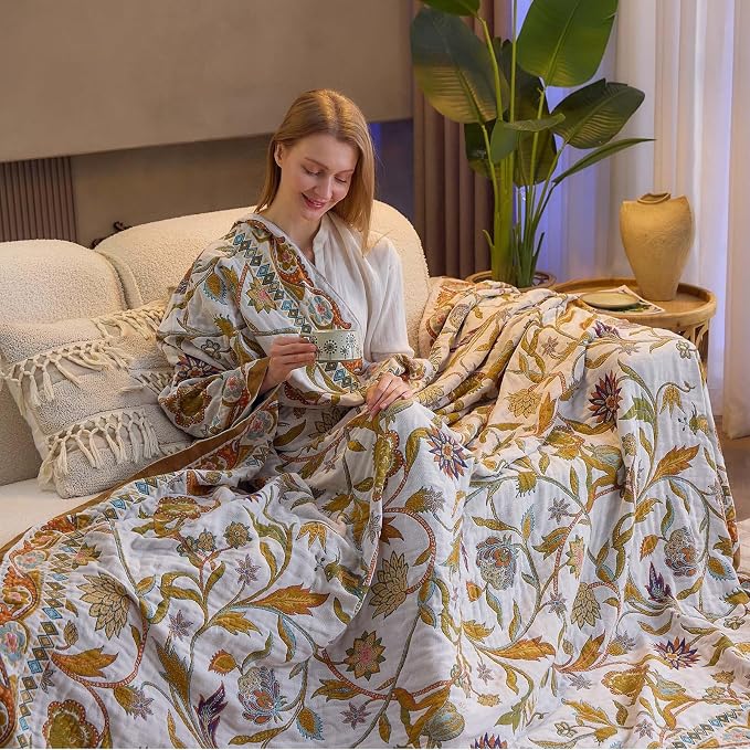 XIBLC Fall Throw Blanket for Couch, Brown Boho Decorative Throw Blanket, 100% Cotton Muslin Breathable Woven Farmhouse Blankets Quilt, 80"x90" Reversible Lightweight Blankets Bohemian Throw Quilt