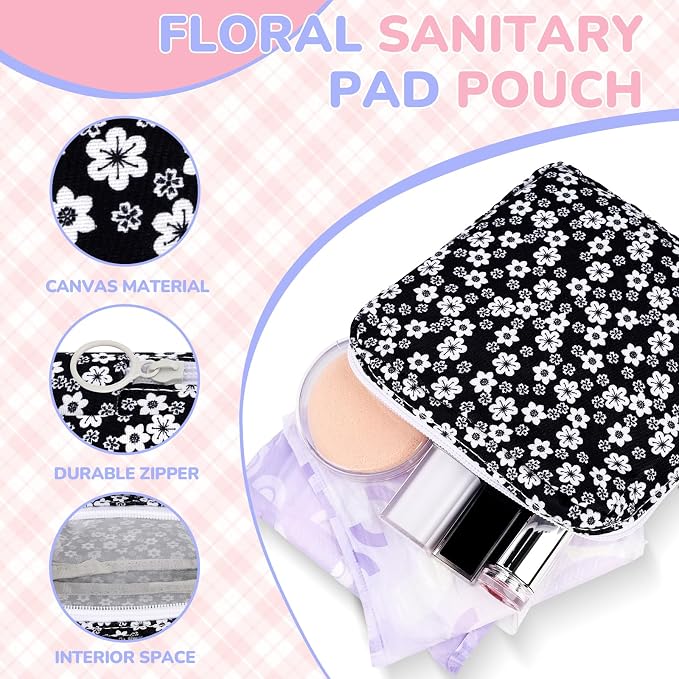 Floral Sanitary Pad Pouch Canvas Period Pad Bags for Women Pink | Discreet, Portable, Menstrual Cup and Sanitary Napkin Storage, First Period Kit Storage, Tampon Bag