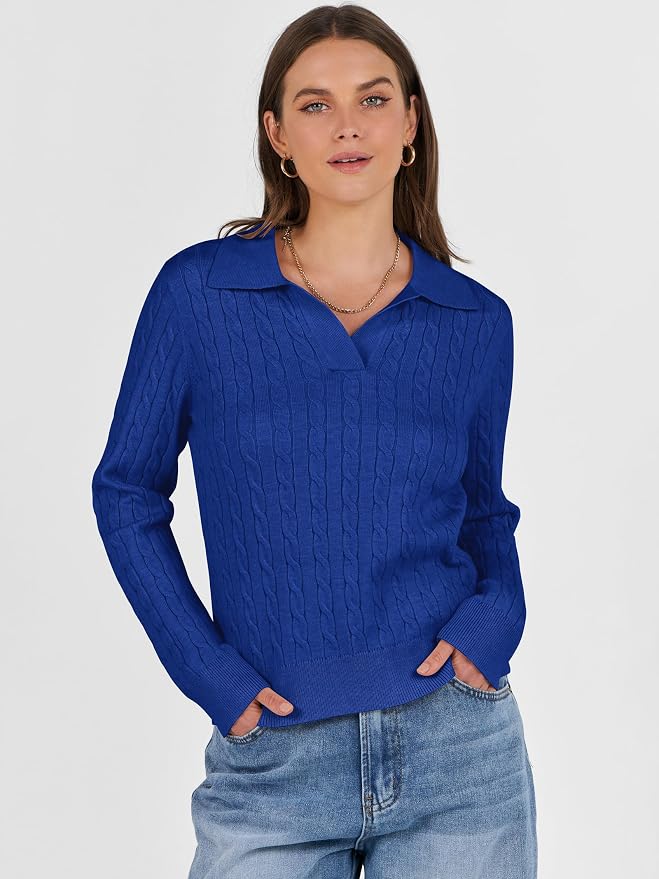 ANRABESS Womens Cable Knit Sweaters Long Sleeve V Neck | Pullover Collared Sweater Tops, Polo Knit Shirts, Business Casual Work, Tennis Golf, Fall Winter Fashion Outfits