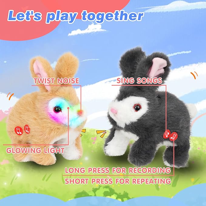 Hopearl LED Hopping Rabbit Repeat What You Said Interactive Electronic Pet Plush Bunny Toy Animated Singing Speaking Glowing Wiggle Ears Gift for Toddlers Birthday, Brown, 7''
