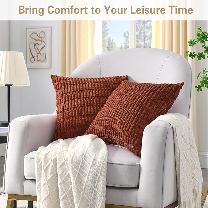 Volcanics Pack of 2 Fall Rust Decorative Throw Pillow Covers 18x18 Inch | Soft Corduroy Striped Square Cushion Cases, Modern Farmhouse Boho Home Decor for Couch Bed Sofa Living Room