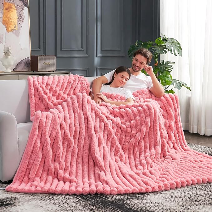 Cozy Bliss Faux Fur Throw Blanket for Couch, Cozy Warm Plush Striped Blanket for Sofa Bedroom Living Room, 60 * 80 Inches Hot Pink