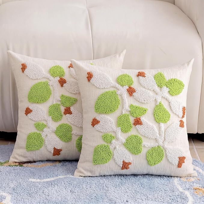 Summer Floral Throw Pillow Covers 18x18 Inch Set of 2, Chenille Embroidered Pillowcase with 3D Tufted White Flowers and Green Leaves, Boho Decorative Cushion Covers for Couch Sofa Bed