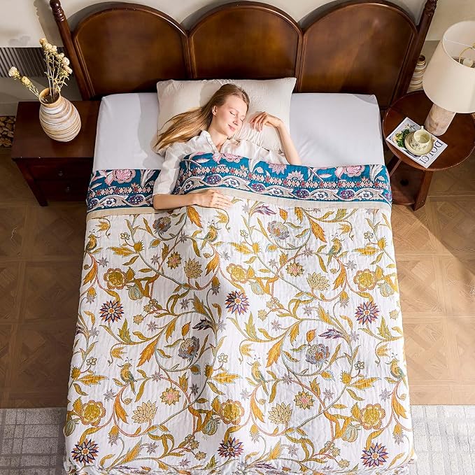XIBLC Fall Throw Blanket for Couch, Brown Boho Decorative Throw Blanket, 100% Cotton Muslin Breathable Woven Farmhouse Blankets Quilt, 80"x90" Reversible Lightweight Blankets Bohemian Throw Quilt