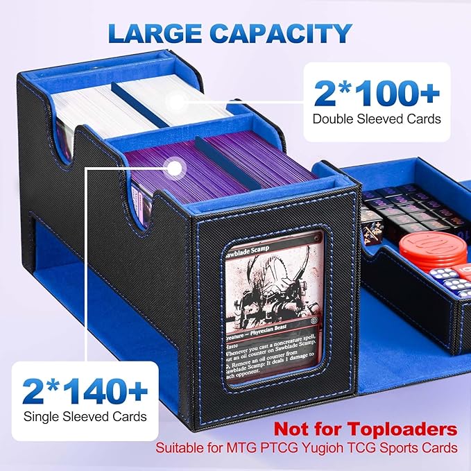 UAONO Card Deck Box for MTG, Double Deck Storage Box with 2 Commander Display & 1 Dice Tray, Fits 200+ Double Sleeved, Card Organizer for CCG TCG Sports (Black Blue)