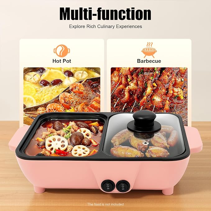 Hot Pot with Grill,2 in 1 Indoor Non-Stick Electric Hot Pot and Frying Pan,Independent Temperature Control,Portable Multifunctional Smokeless Korean BBQ Grill for Indoor Outdoor Party 11.4' * 8.7' * 4.3' (Pink)