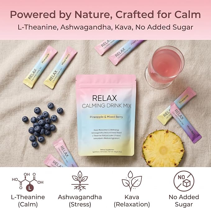 Relax Calming Drink Mix with L-Theanine, Ashwagandha & Kava, Sugar-Free Powder Packets for Evening Unwind & Daily Relaxation Routine, Non-GMO, Gluten-Free, Pineapple & Mixed Berry, 30 Packets (1)