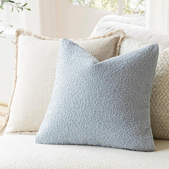 Foindtower Pack of 2 Modern Textured Boucle Throw Pillow Covers Accent Solid Decorative Pillow Cases Cozy Woven Couch Cushion Case for Chair Sofa Bed Living Room Home Decor, 20 x 20 Inch, Light Blue