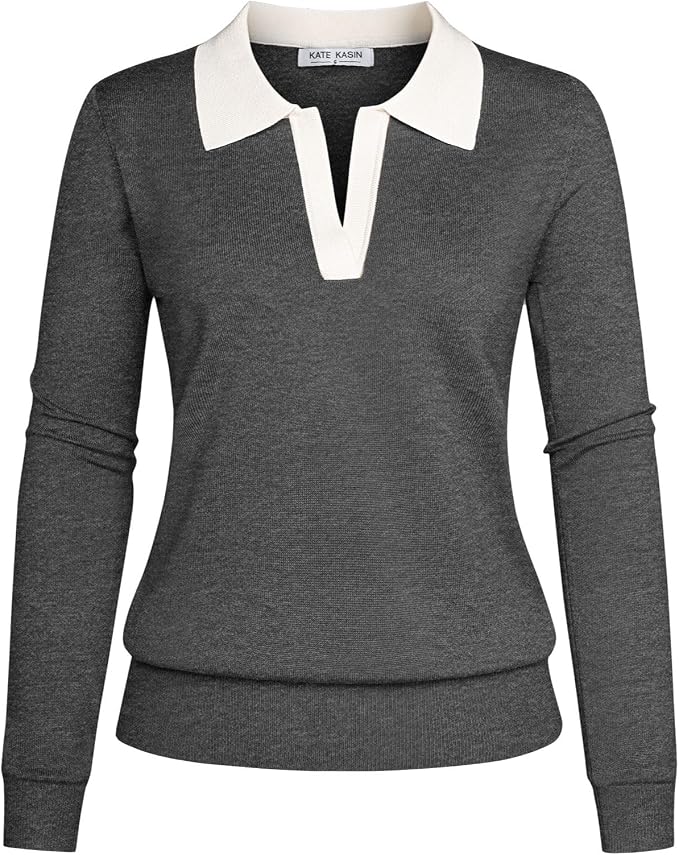 Women's Long Sleeve Classic V Neck Casual Fall Winter Polo Sweater Tops | Basic Collared Knitted Fashion Work Business Formal Daily Wear Versatile Pullover Shirts