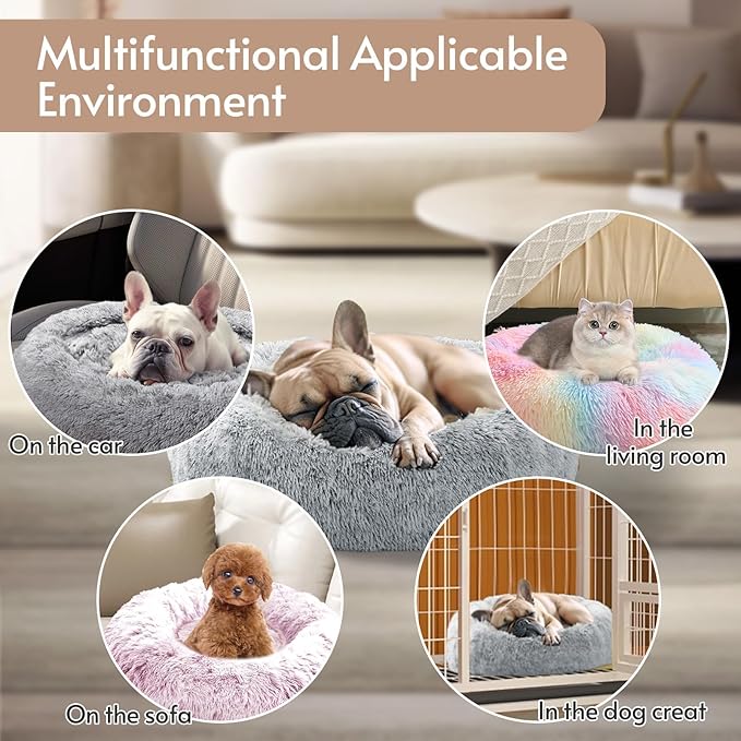JOLLYVOGUE Large Calming Dog Bed, Anti-Anxiety Donut Cuddler Cat Bed with Anti-Slip Bottom, Fluffy Faux Fur Machine Washable Pet Cushion for Medium Large Dog & Cat, 36"/Smoke Gray
