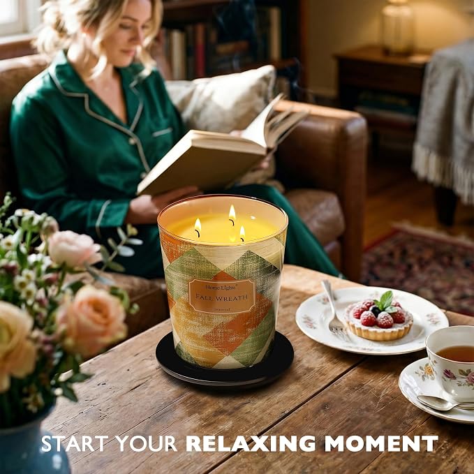 HomeLights Large jar Candle | 3-Wick Long-Lasting Scented Candles, 34oz Natural Soy Wax Candle for Home Scented, Rustic Modern Gifts for Women & Men, Fall Wreath