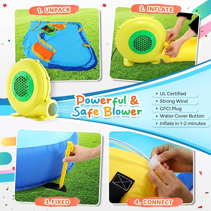 Whubefy Inflatable Water Slides for Kids with 450W Blower, 6 in 1 Blow Up Water Park, 158x 138 x 89 Waterslide w/Climbing Wall, Splash Pool, 2 Water Cannon, Basketball Rim & Crocodile Shower Head