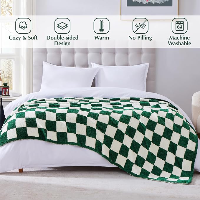 Soft Twin Size Checkered Blanket for Bed-Cozy Knitted Blankets | Lightweight Fluffy Warm Decor for Women, Mom, Her & Girls, Sofa, Chair, Couch, 60x80in, Avocado Green