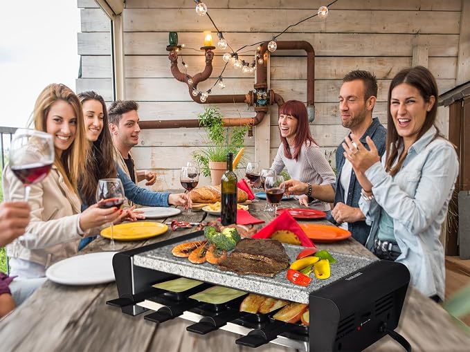 TAMARIT Raclette Grill with Extra Stone Plate, Indoor Electric Table Grill | Dual grill: reversible cast aluminum plate and granite stone, 8 nonstick cheese trays, 1300W, for 4- 8 person family parties