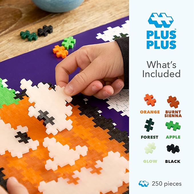 PLUS PLUS Puzzle by Number, 250 Piece Mini Interlocking Hashtag Color Blocks, 3D Pixel Art Kit for Kids - Jack-o'-Lantern