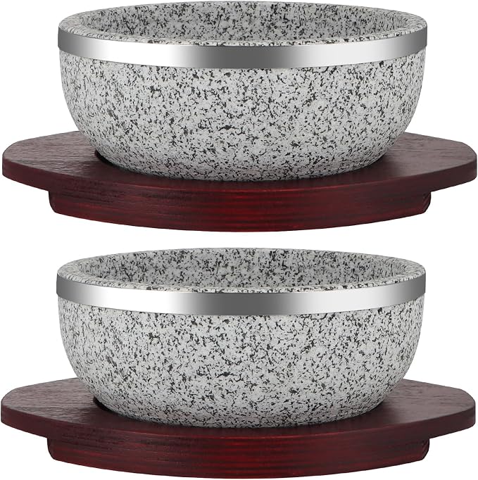 2 Pack Granite Stone Bowl 32 oz, Dolsot Pot with Wood Base for Cooking and Serving Korean Bibimbap, Soup, Rice, Ramen, Stew