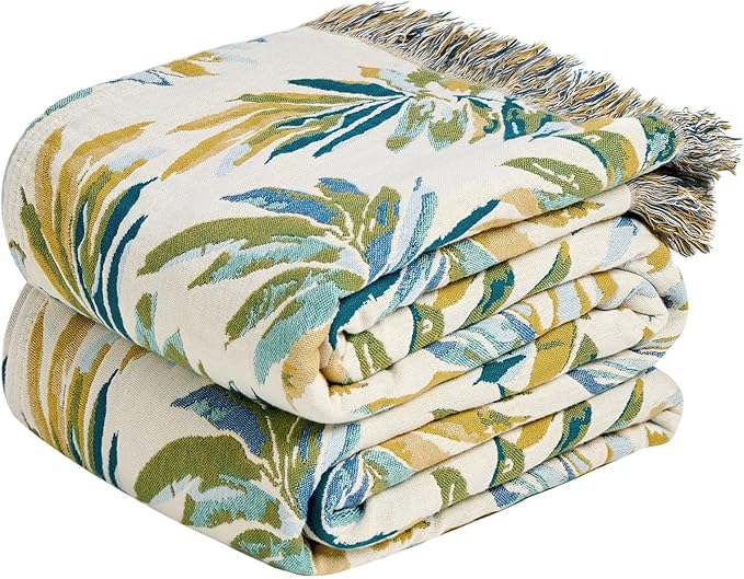 MSGKV Boho Throw Blanket 60"x80" 100% Cotton Leaves Muslin Blanket for Bed | 100% Cotton Muslin, Twin Size Throw Blanket, Leaves Pattern, Soft & Breathable, Lightweight Comfort, Machine Washable
