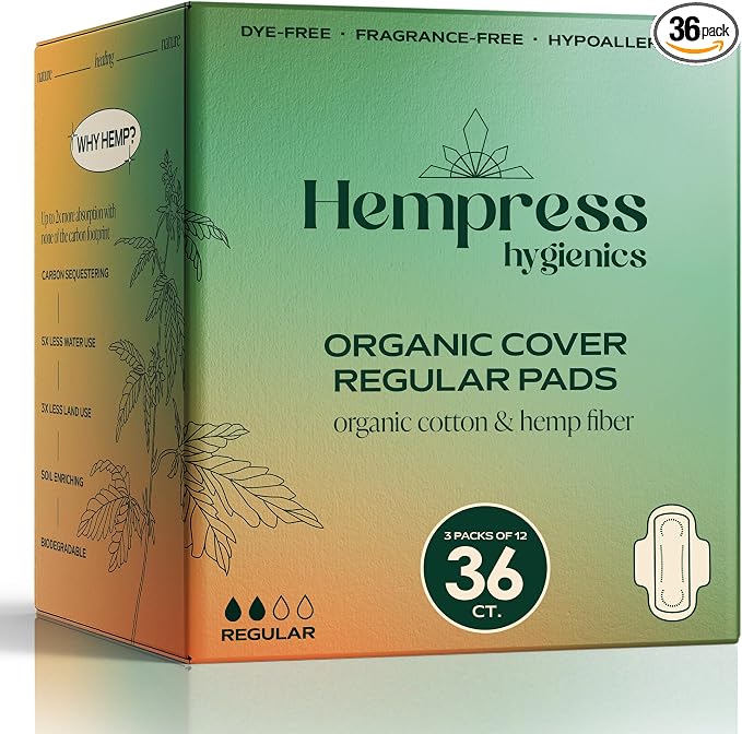 Hempress Ultra Thin Pads for Women, 36 Count, Feminine Care Organic Pads, Regular Flow Ultra Absorbent Cotton with Wings, Menstrual Sanitary Napkins, Fragrance Free, Skin Friendly & Breathable