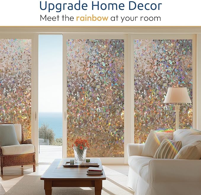rabbitgoo Rainbow Window Privacy Film, Stained Cling, Brown, 23.6" x 118.1" | Decorative Static Sticker, Non-Adhesive Reusable Window Tint, Heat Control UV Blocking Coverings for Home Doors, Living Room