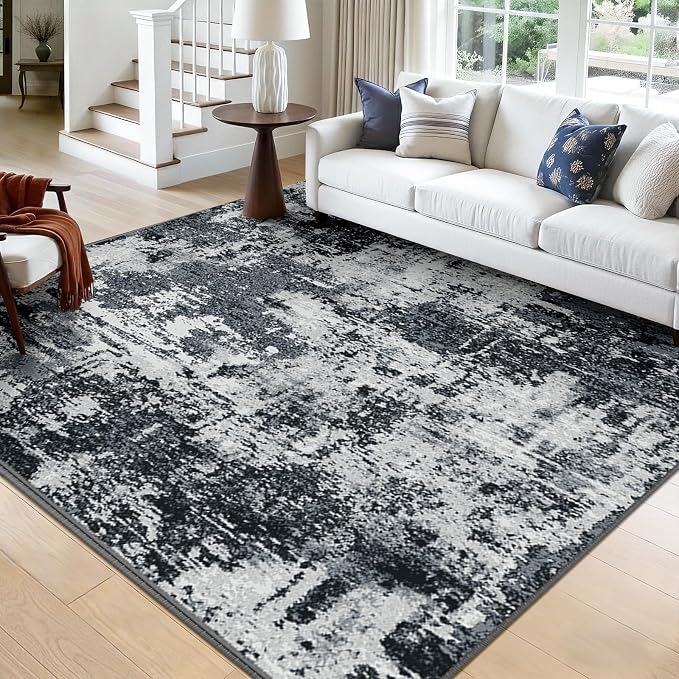 RELEANY Washable Square 9'x9' Area Rug for Living Room Black White | carpet for bedroom, kitchen, office, hallway and entryway, printed pattern, non-slip, soft, stain-resistant, easy to clean
