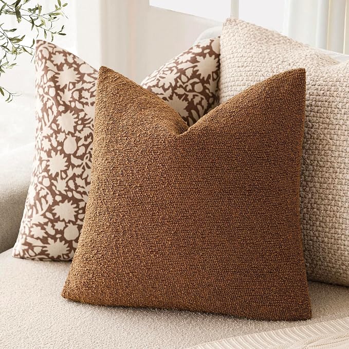 Foindtower Set of 2, Decorative Textured Boucle Throw Pillow Covers Accent Solid Pillow Cases Neutral Soft Cozy Couch Cushion Case for Chair Sofa Bedroom Living Room Home Decor 16x16 Inch Hazel Brown