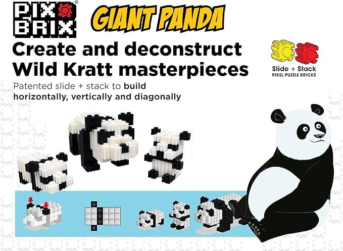 Pix Brix - Wild Kratts Toy Pixel Art Kit - Giant Panda, 543 Pieces - Patented Slide + Stack Pixel Puzzle Building Bricks, Build & Collect Wild Kratts Animals - Stem Toys, Ages 6 Plus