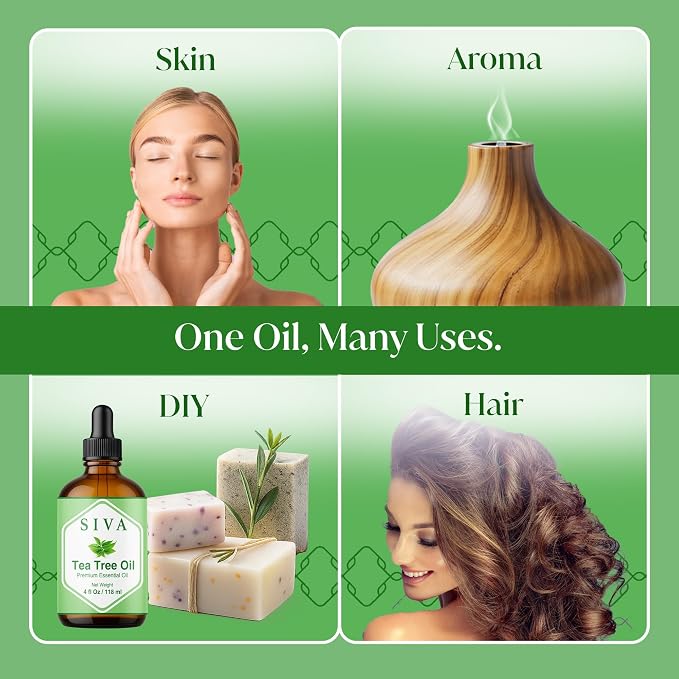 Siva Tea Tree Essential Oil 4 Fl Oz – for Diffuser, Skin & Hair Care – Ideal for Aroma, Massage & DIY Blends- with Dropper