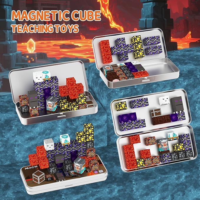 Magnetic Building Blocks Travel Toys, Age 3+ STEM Toy with Portable Tin Compatible with Magnetic Tiles, Ideal for Open Boy Ages 4-8 Holiday Birthday Easter Gifts