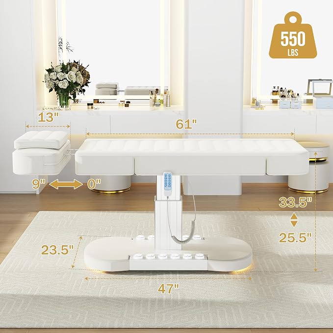 3 Motor Electric Massage Table - Heavy Duty Professional Massage Table with Electric Backrest, Foot Pedal & Height, Esthetician Tables with LED Light, Metal Pedestal and PU Leather for Spa, Beauty