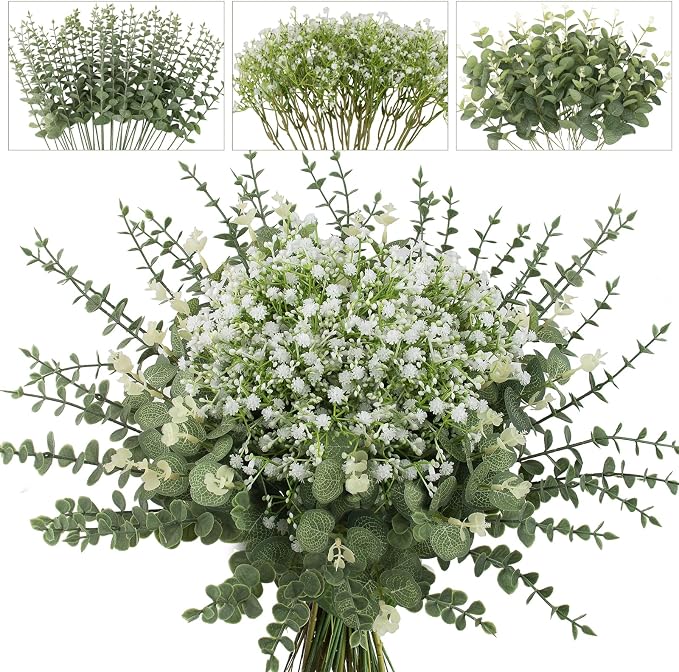 lovemoon 100 Pcs Mixed Greenery Artificial Eucalyptus Stems, Baby Breath Artificial Flowers Bulk and Eucalyptus Leaves for Wedding Bouquets Home Office Floral Decor (100, Green and White)