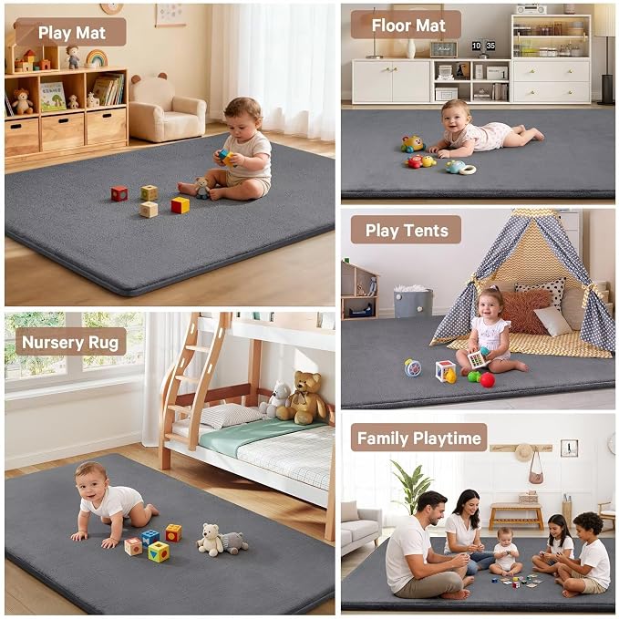 Baby Play Mat for Floor,Ultra Thick Elastic Foam 65"x50" Playmat Tummy Time Muscle Crawling Exercise Activity Cushion Gym Mat Nursery Playroom Area Kids Rug for Babies, Toddlers,Infants,Dark Grey