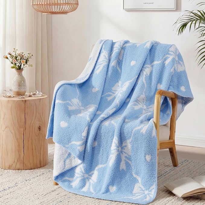 Soft Throw Blanket for Couch-Cozy Reversible Knitted Blankets | Lightweight Warm Fluffy Decor for Women, Mom, Her & Girls, Sofa, Chair, Bed, 50x60in, Blue Bow