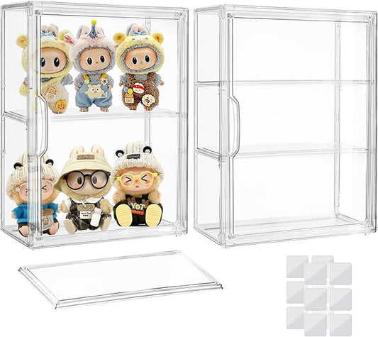 Attelite Acrylic Display Cases for Collectibles, 2 Pack 3 Layer Clear Display Case with Magnetic Door,Desktop Clear Showcase with 2 Adjustable Divider Storage Box for Action Figure