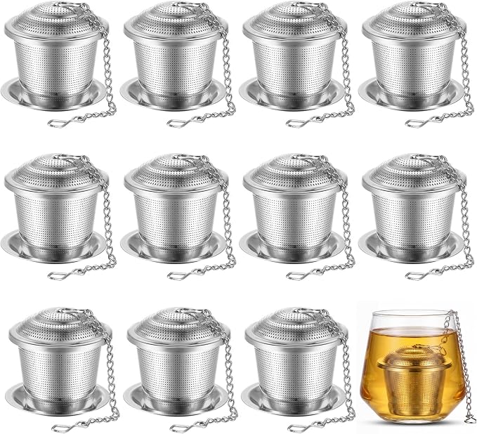 Zopeal 12 Pcs Tea Infuser Stainless Steel Strainer with Extended Chain Hook and Saucer Loose Leaf Steeper Fine Mesh Ball Tea Filter for Brew Spices Seasonings Fits Cup Mug Bottle (Medium)