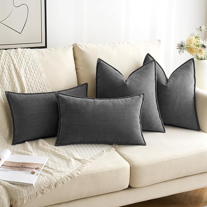 MIULEE Pack of 2 Dark Grey Decorative Lumbar Chenille Pillow Covers 12x20 | Soft Couch Throw Pillows,Farmhouse Cushion Covers with Elegant Design for Sofa,Bedroom,Living Room,Spring Home Decor