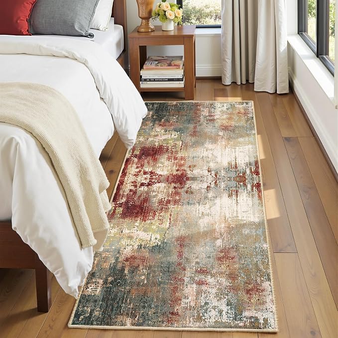 RELEANY Washable Runner 2'x10' Abstract Area Rug for Hallway Rustic Brown | carpet for kitchen, entryway, bathroom, living room, bedroom, printed pattern, non-slip, soft, stain-resistant, easy to clean