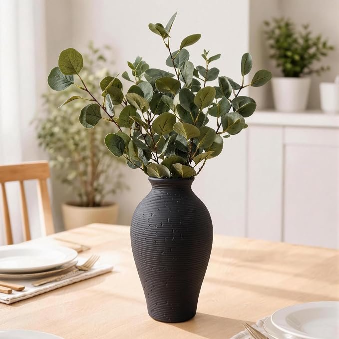 Ceramic Flower Vase Home Decor, 11 in Farmhouse Table Black Vases Rustic Vintage Living Room Kitchen Bedroom Decorations Pottery Decorative Vases for House Shelf Office Coffee Desk Dining Fireplace