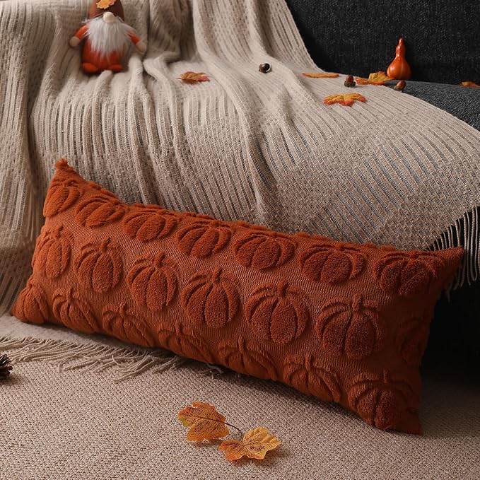 DFXSZ Fall Pillow Covers 14x36 2Pcs Rust Pumpkin Fall Decorations for Home | Fall decor Set of 2 Throw Pillow Cases Soft Plush Faux Fur Wool Couch Cushion for Chair Sofa Bedroom Living Room Home Decor
