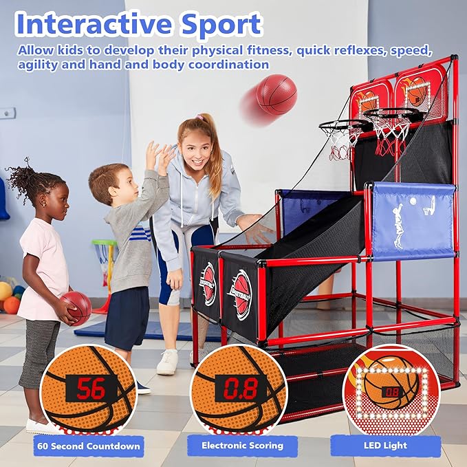 M SANMERSEN Kids Double Basketball Hoop Arcade Game Set with 6 Balls Electronic Scoreboard LED Light, Indoor & Outdoor Play, Birthday/Halloween for 3-8 Year Old Boy and Girl